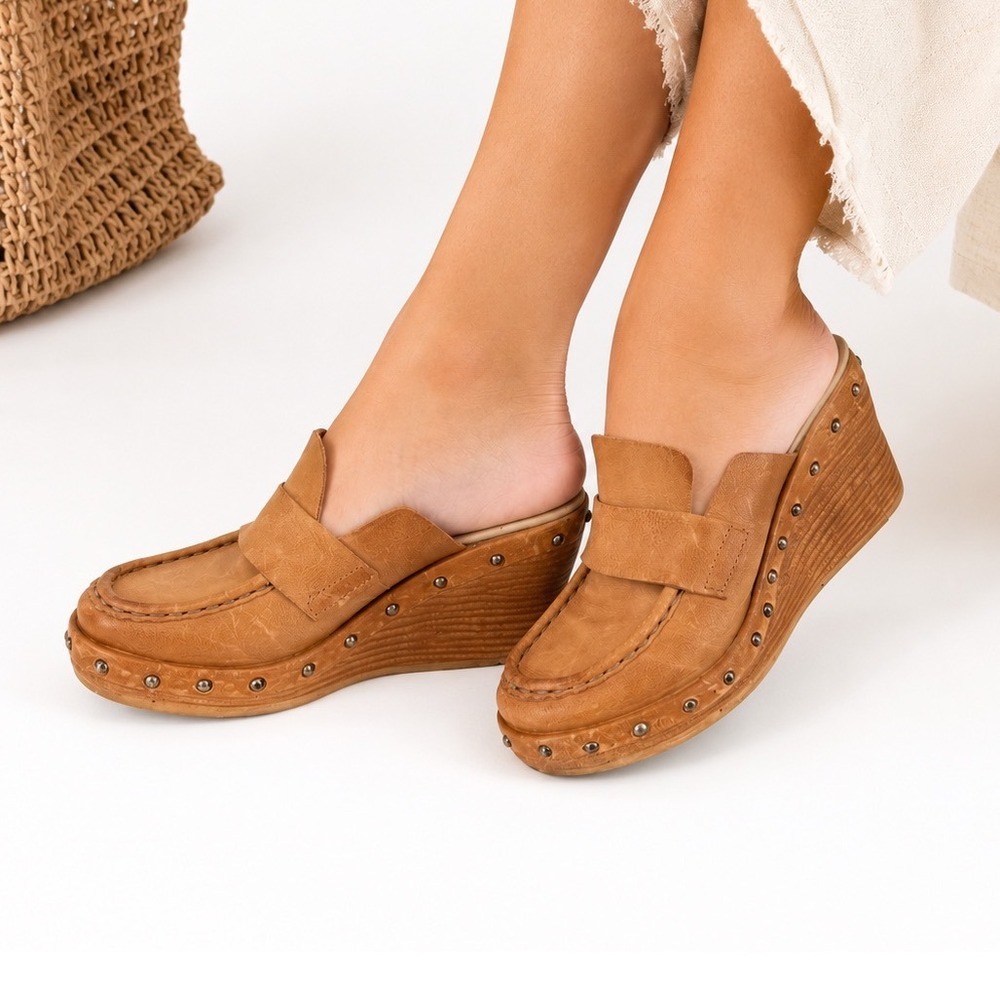 A.S.98 Paget Wedge Platform Mule Clog size 38 Tan Leather Studded Penny Loafer